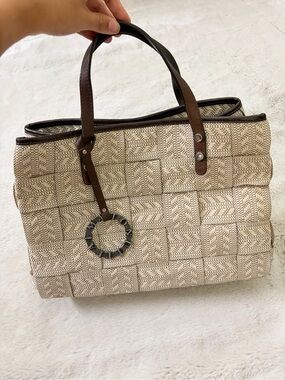 Alma Tonutti Italy Woven Raffia Tote Bag Brown Leather Chain Strap Boho Beach